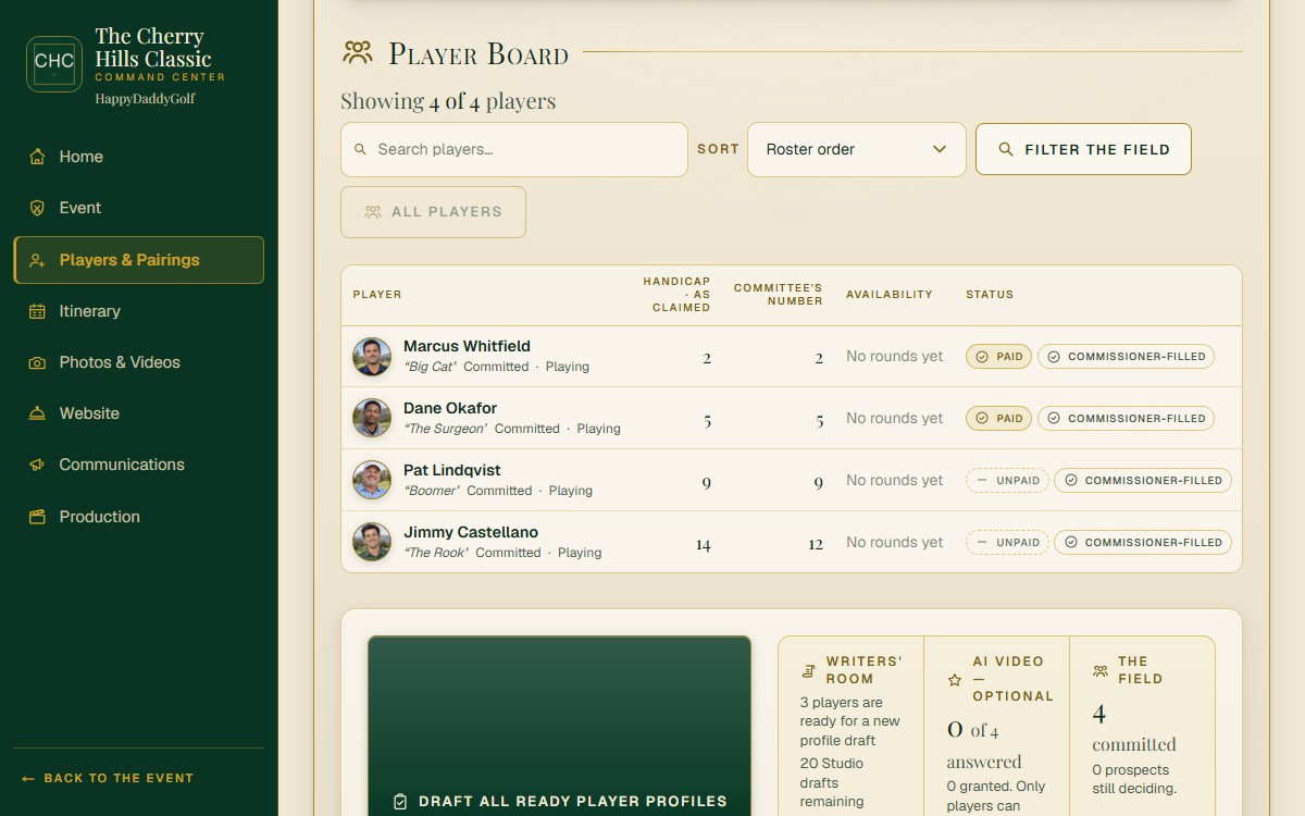 The current Command Center demo — Players & Pairings workspace with the player roster and event navigation